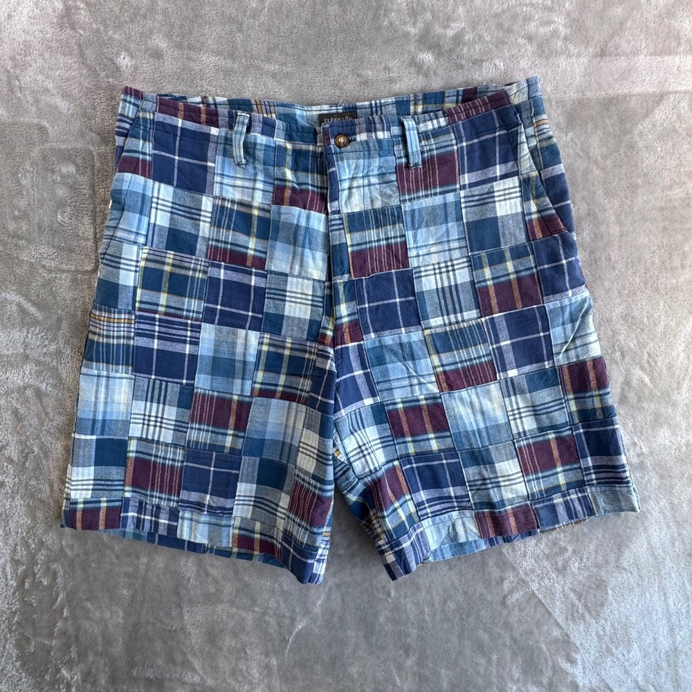 St Johns Bay Patchwork Plaid‎ Shorts Mens 38 Blue Madras Preppy Coastal Cotton